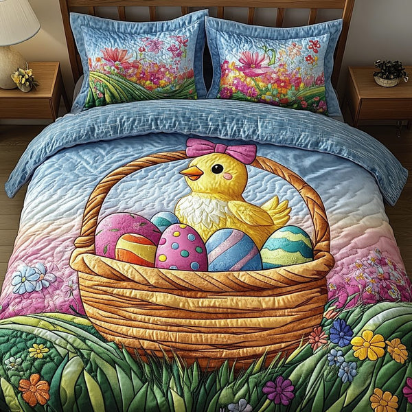 Easter Garden Delight quilted 3-piece bedding set on a made bed with two matching pillow shams