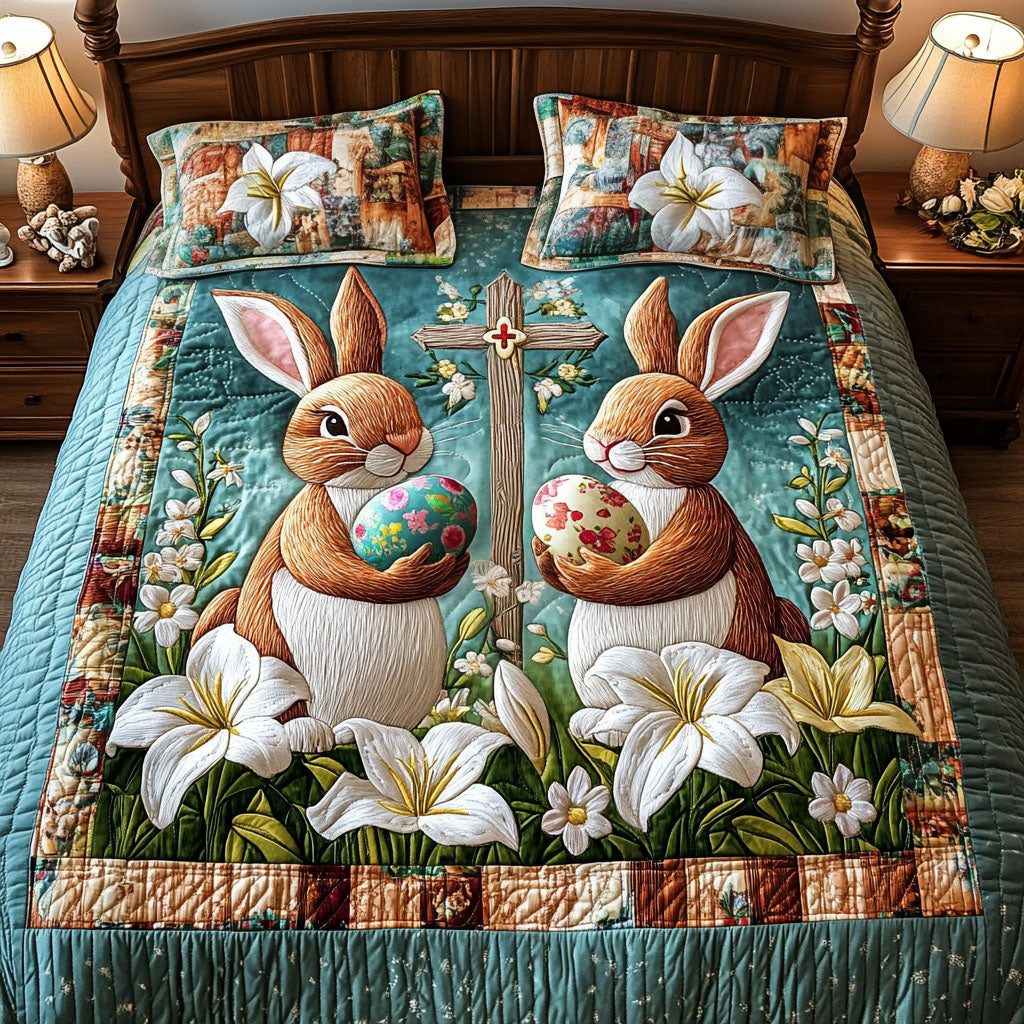 Easter Harmony quilted 3-piece bedding set on a made bed with two matching pillow shams