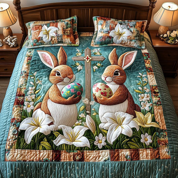 Easter Harmony quilted 3-piece bedding set on a made bed with two matching pillow shams