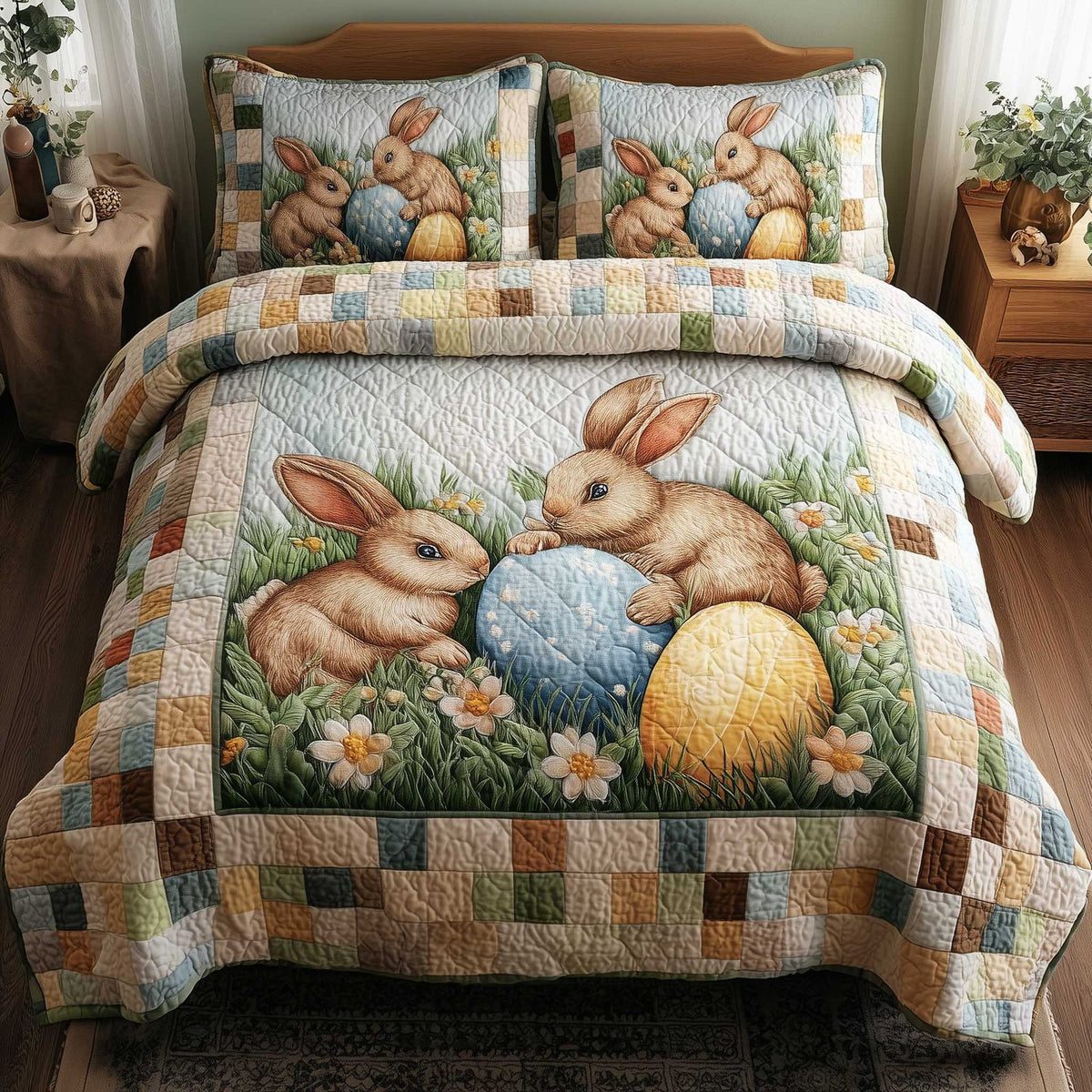 Easter Joy quilted 3-piece bedding set on a made bed with two matching pillow shams