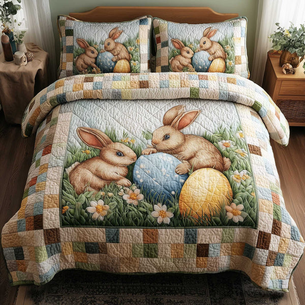 Easter Joy quilted 3-piece bedding set on a made bed with two matching pillow shams