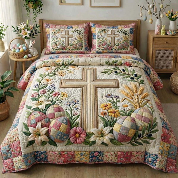 Easter Joy quilted 3-piece bedding set on a made bed with two matching pillow shams