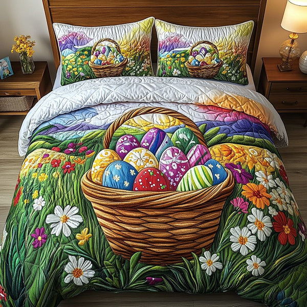 Easter Morning Bliss quilted 3-piece bedding set on a made bed with two matching pillow shams