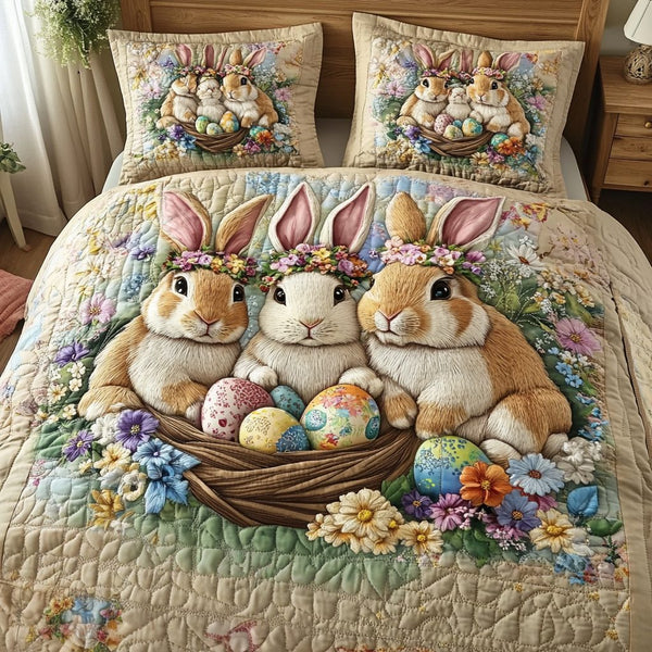 Easter Rabbits in Basket quilted 3-piece bedding set on a made bed with two matching pillow shams