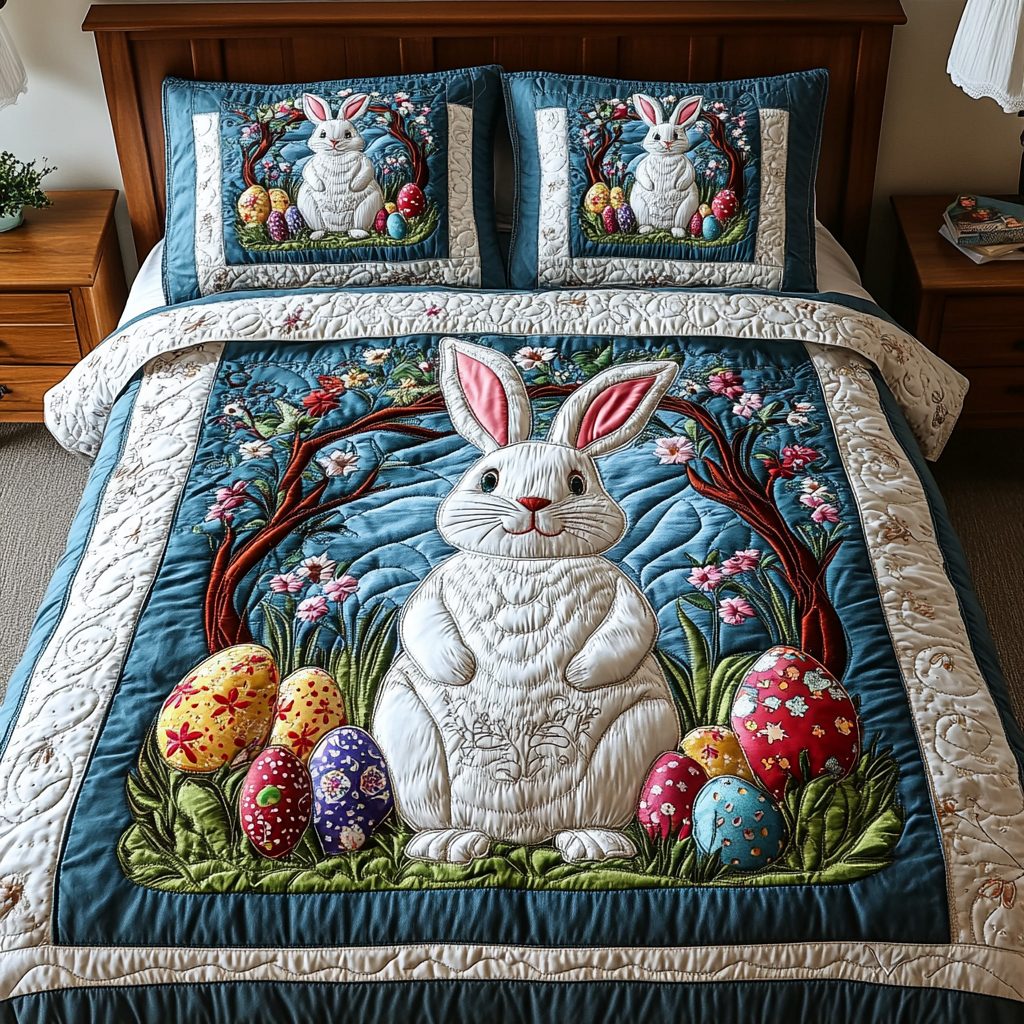 Easter Whimsy quilted 3-piece bedding set on a made bed with two matching pillow shams