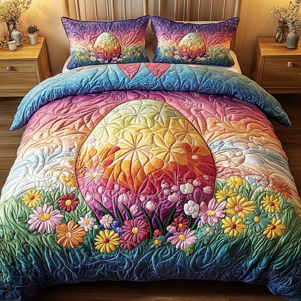 Easter Wonderland quilted 3-piece bedding set on a made bed with two matching pillow shams