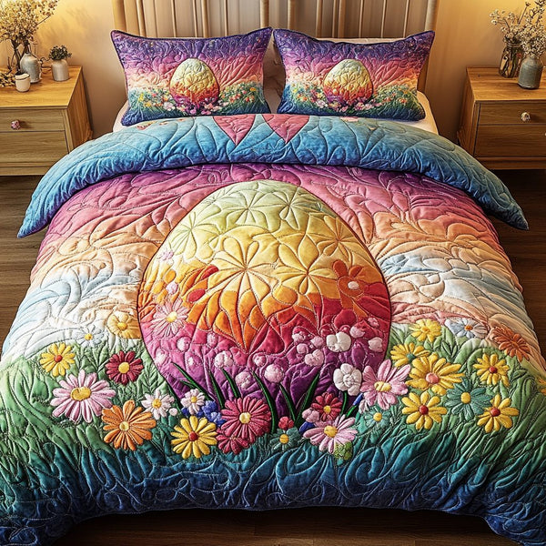 Easter Wonderland quilted 3-piece bedding set on a made bed with two matching pillow shams