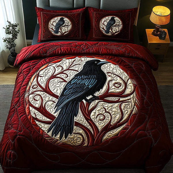 Ebon Beak quilted 3-piece bedding set on a made bed with two matching pillow shams