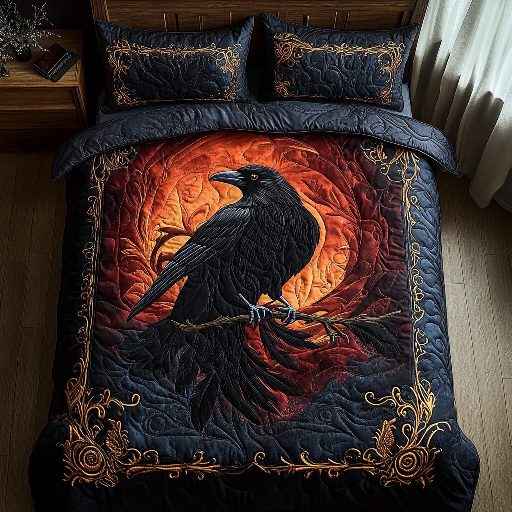 Ebon Crow quilted 3-piece bedding set on a made bed with two matching pillow shams