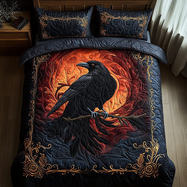 Ebon Crow quilted 3-piece bedding set on a made bed with two matching pillow shams