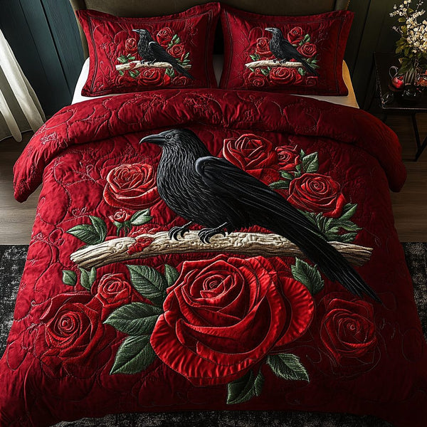 Ebon Feather quilted 3-piece bedding set on a made bed with two matching pillow shams