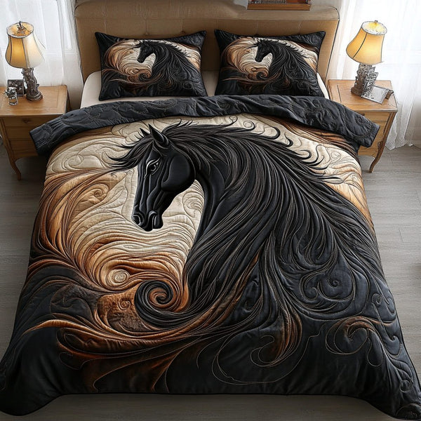 Ebon Whirlwind quilted 3-piece bedding set on a made bed with two matching pillow shams