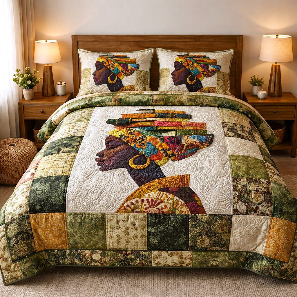 Ebony Glow quilted 3-piece bedding set on a made bed with two matching pillow shams