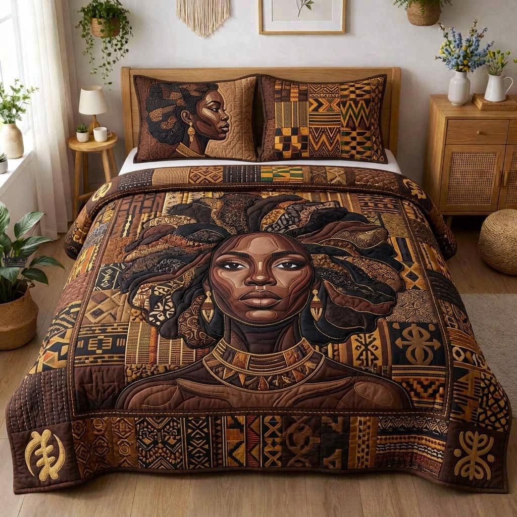 Ebony Queen quilted 3-piece bedding set on a made bed with two matching pillow shams