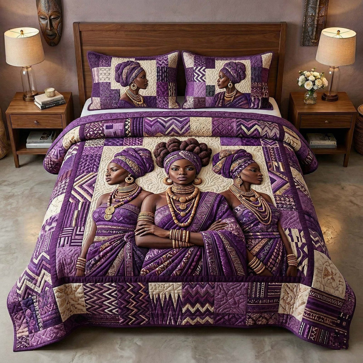Ebony Queen quilted 3-piece bedding set on a made bed with two matching pillow shams