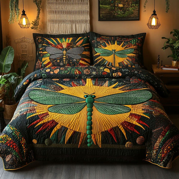 Ebony Wings of Heritage quilted 3-piece bedding set on a made bed in a farmhouse bedroom