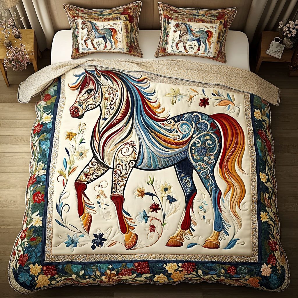 Echo Hooves quilted 3-piece bedding set on a made bed with two matching pillow shams