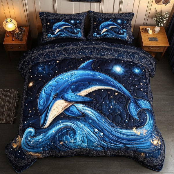 Echo Jumper quilted 3-piece bedding set on a made bed with two matching pillow shams