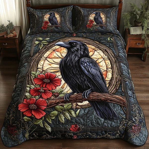 Echo of Night quilted 3-piece bedding set on a made bed with two matching pillow shams