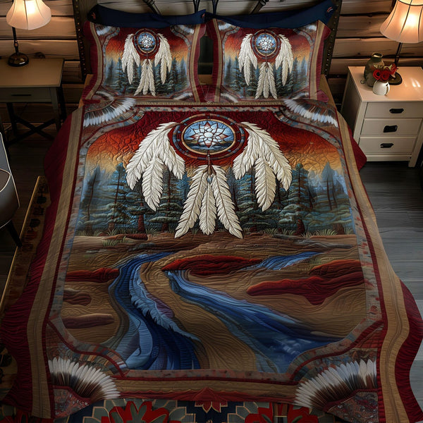 Echo of the Spirits quilted 3-piece bedding set on a made bed with two matching pillow shams
