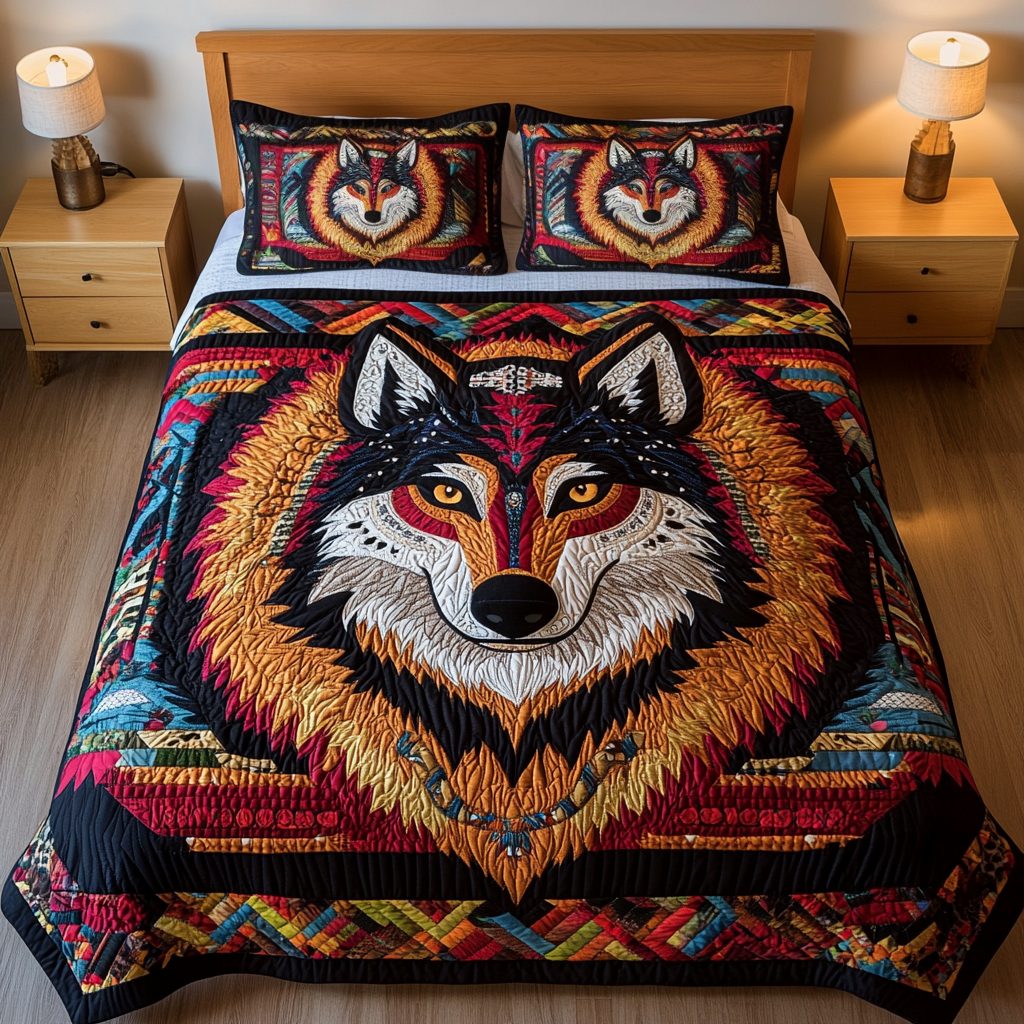 Echo of the Wild quilted 3-piece bedding set on a made bed with two matching pillow shams