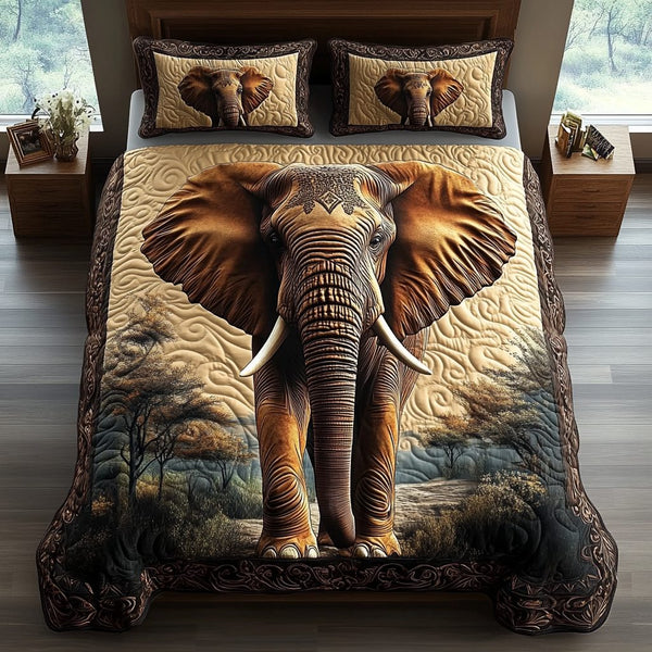 Echo of the Wild quilted 3-piece bedding set on a made bed with two matching pillow shams
