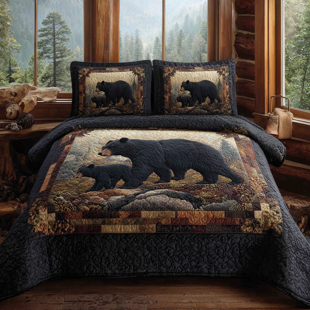 Echo Ridge Black Bear quilted 3-piece bedding set on a made bed with two matching pillow shams