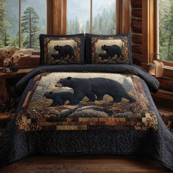 Echo Ridge Black Bear quilted 3-piece bedding set on a made bed with two matching pillow shams