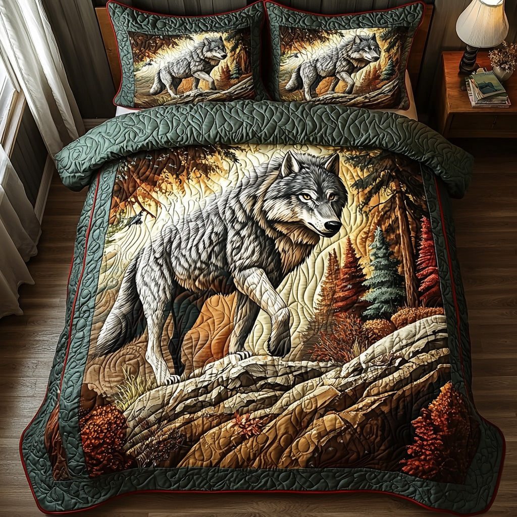 Echo Wolf quilted 3-piece bedding set on a made bed with two matching pillow shams
