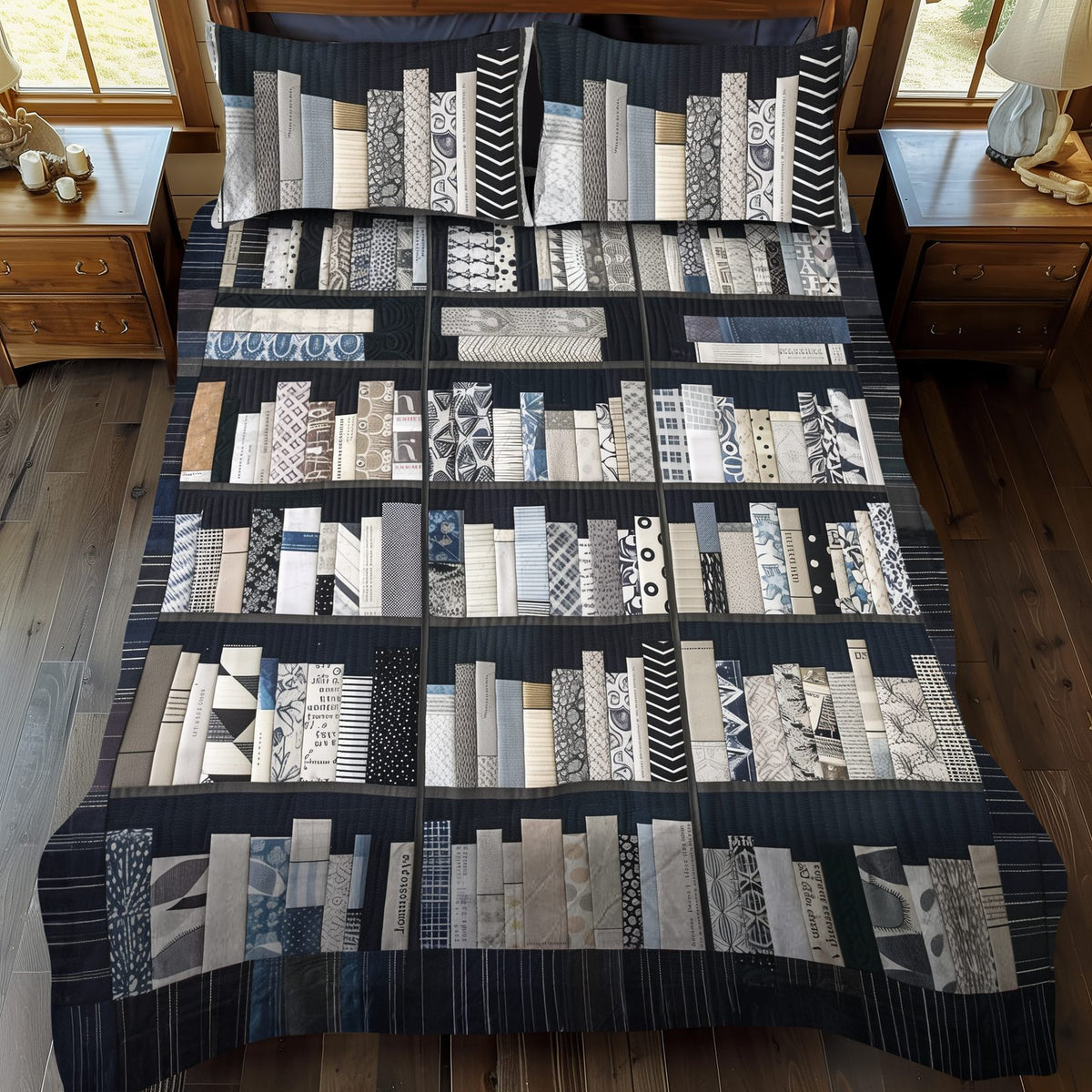 Echoes of Ink quilted 3-piece bedding set on a made bed with two matching pillow shams
