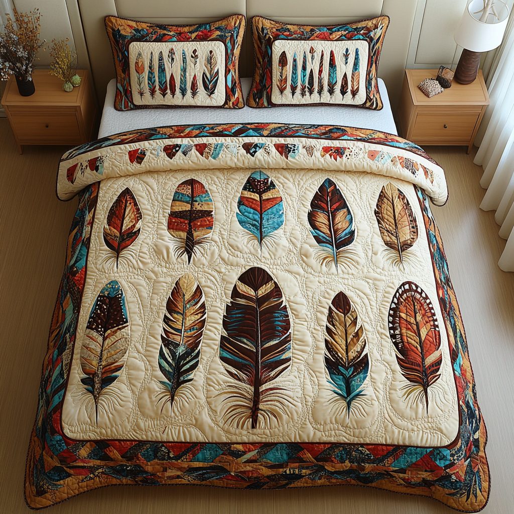 Echoes of Nature quilted 3-piece bedding set on a made bed with two matching pillow shams