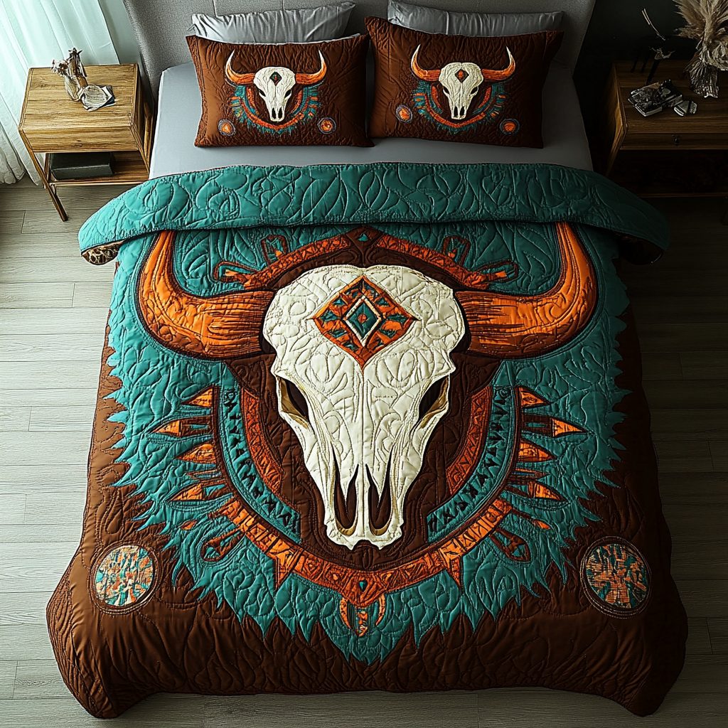 Echoes of Strength quilted 3-piece bedding set on a made bed with two matching pillow shams