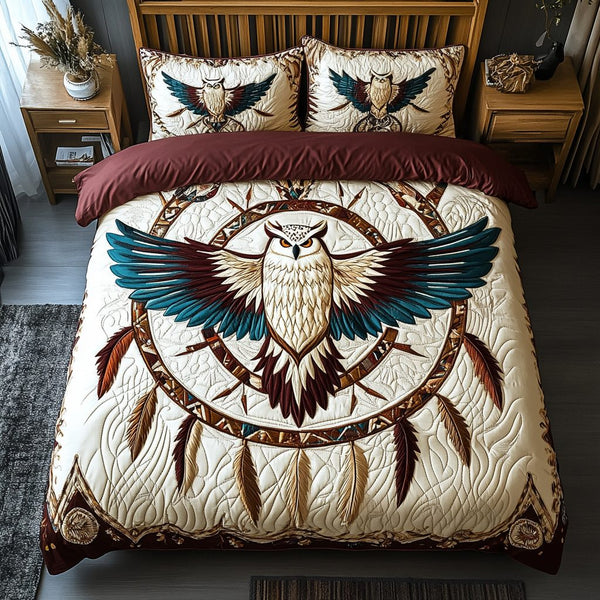 Echoes of the Night quilted 3-piece bedding set on a made bed with two matching pillow shams