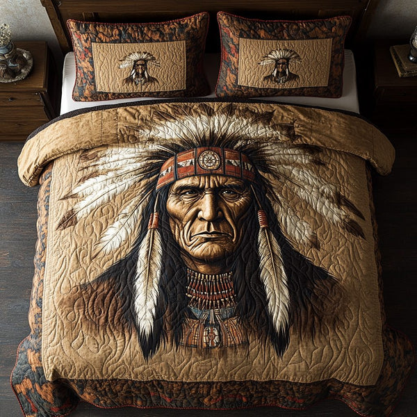 Echoes of the Plains quilted 3-piece bedding set on a made bed with two matching pillow shams