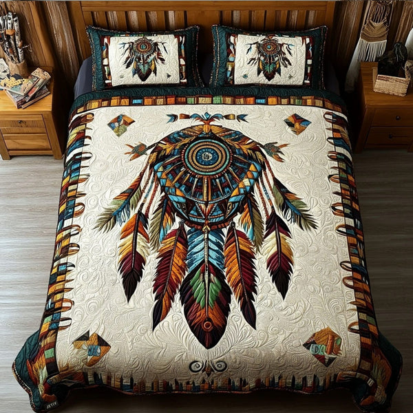 Echoes of the Sky quilted 3-piece bedding set on a made bed with two matching pillow shams