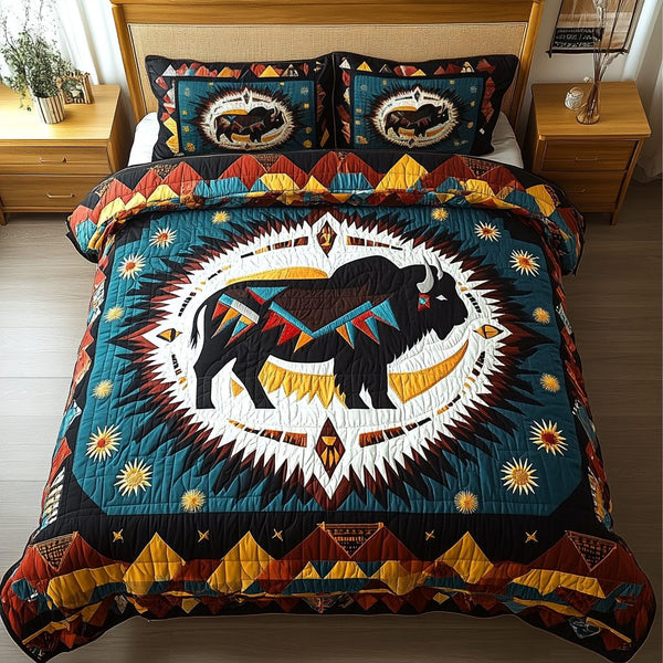 Echoes of the West quilted 3-piece bedding set on a made bed with two matching pillow shams