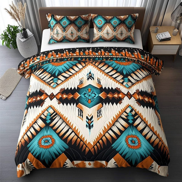 Echoes of Tradition quilted 3-piece bedding set on a made bed with two matching pillow shams