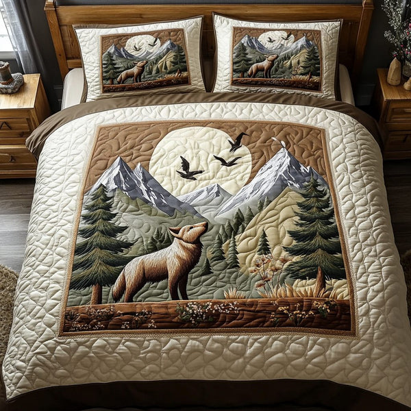 Echoing Silence quilted 3-piece bedding set on a made bed with two matching pillow shams