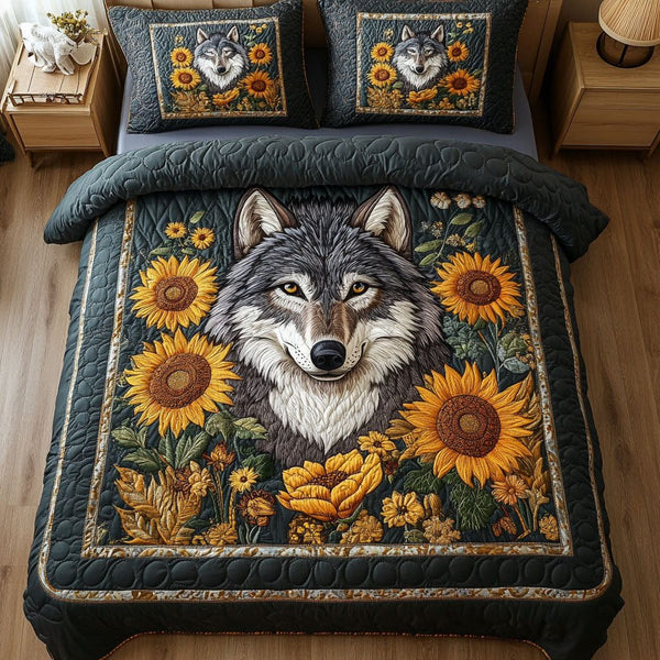 Echoing Spirit quilted 3-piece bedding set on a made bed with two matching pillow shams