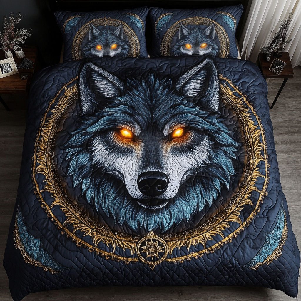 Eclipse Wolf quilted 3-piece bedding set on a made bed with two matching pillow shams