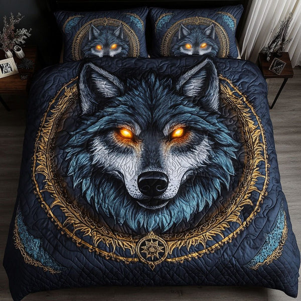 Eclipse Wolf quilted 3-piece bedding set on a made bed with two matching pillow shams