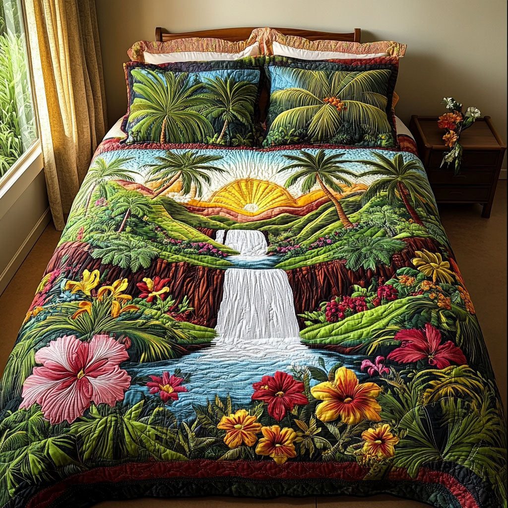 Eden Falls quilted 3-piece bedding set on a made bed with two matching pillow shams