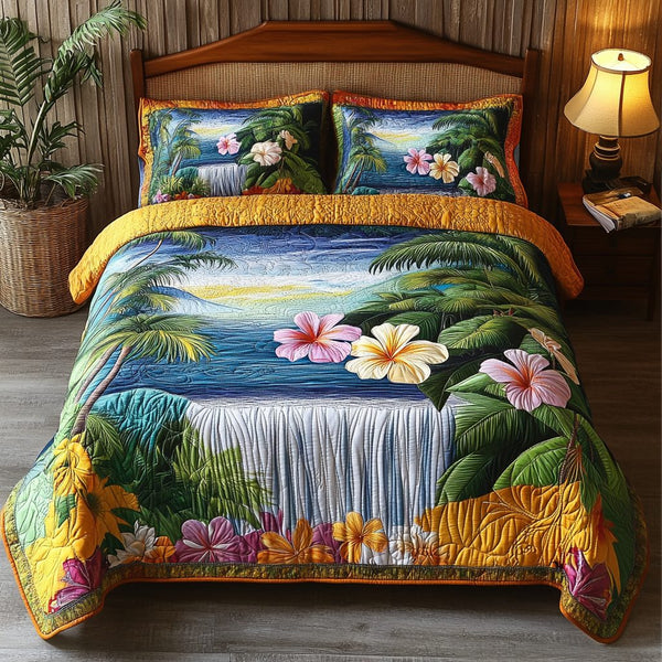 Eden View quilted 3-piece bedding set on a made bed with two matching pillow shams