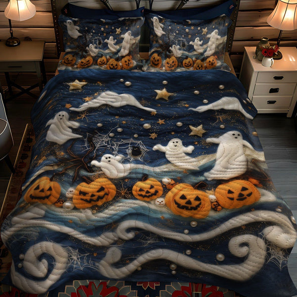 Eerie Enchantment quilted 3-piece bedding set on a made bed against a dark styled interior