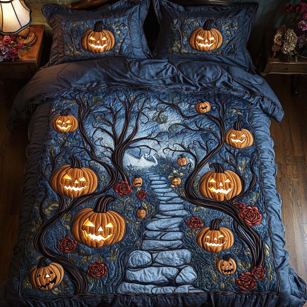 Eerie Night quilted 3-piece bedding set on a made bed against a dark styled interior