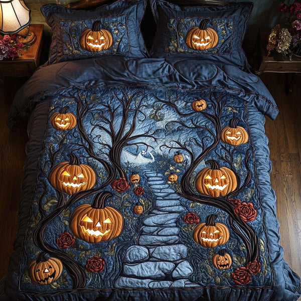 Eerie Night quilted 3-piece bedding set on a made bed against a dark styled interior