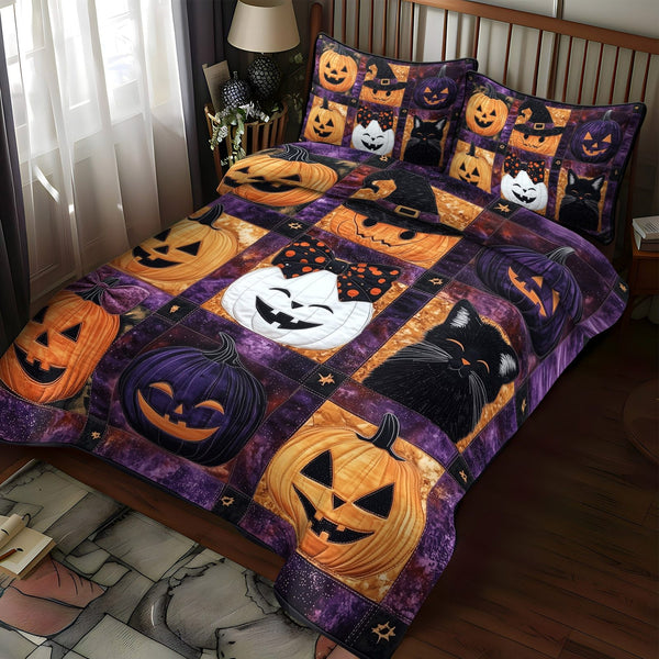 Eerie Night quilted 3-piece bedding set on a made bed against a dark styled interior