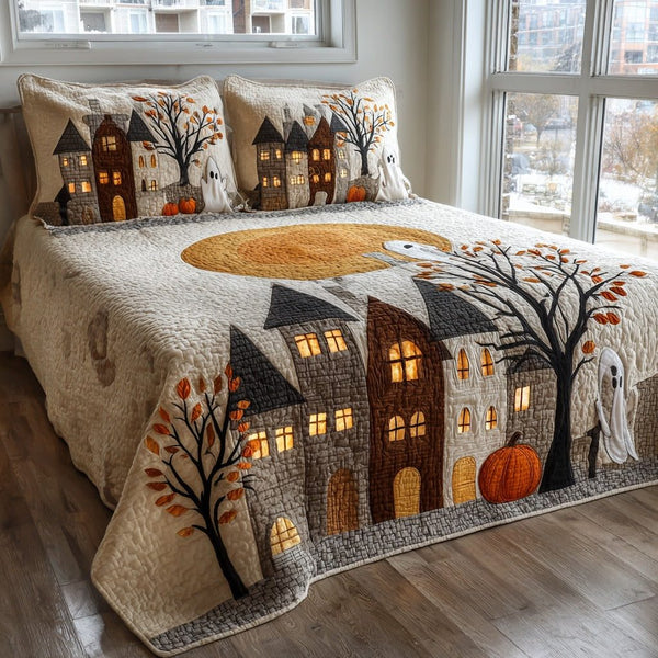 Eerie Pumpkin Town quilted 3-piece bedding set on a made bed against a dark styled interior