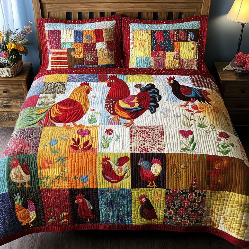 Egg-citing Patchwork quilted 3-piece bedding set on a made bed in a farmhouse bedroom