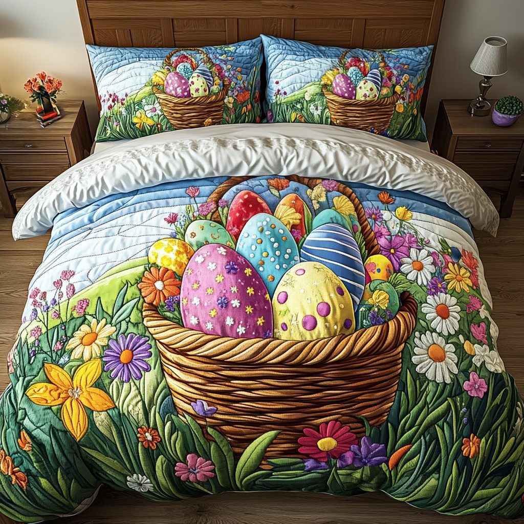 Egg Hunt Dreams quilted 3-piece bedding set on a made bed with two matching pillow shams